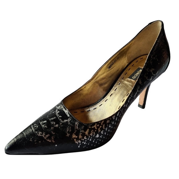 MIMCO Size 37 Leather Black Pointed Toe Silver Embossed Pumps Heels - Picture 7 of 13
